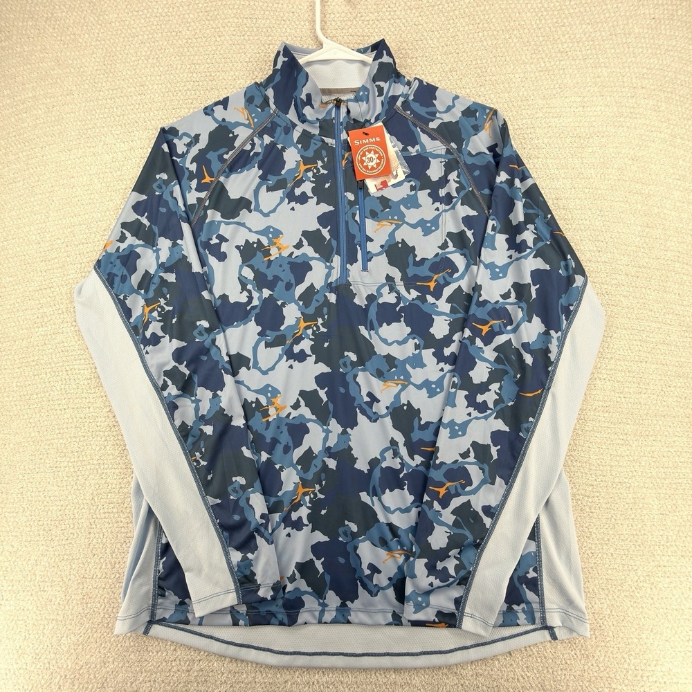 Simms Challenger Solar 1/2 Zip Pullover Mens XL Blue Regiment Camo UPF 50+